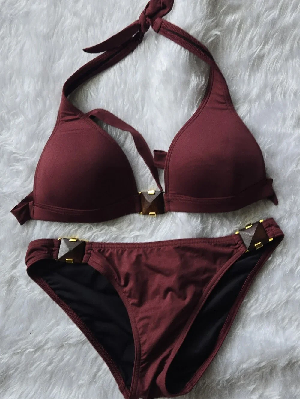 Victoria's Secret Maroon Brownish Halter Bikini Set with Gold Hardware Rare Find